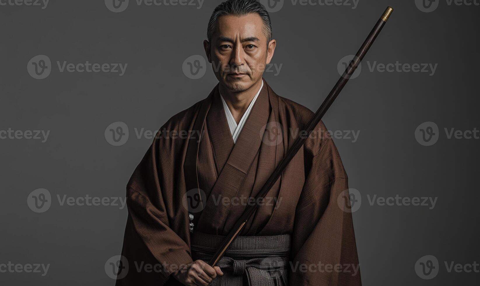 A man in a brown robe holding a long stick photo