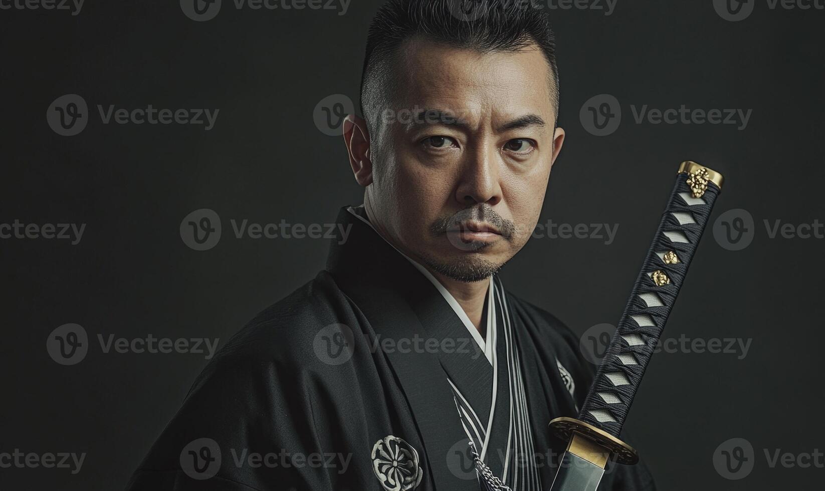 A man in a black kimono holding a sword photo