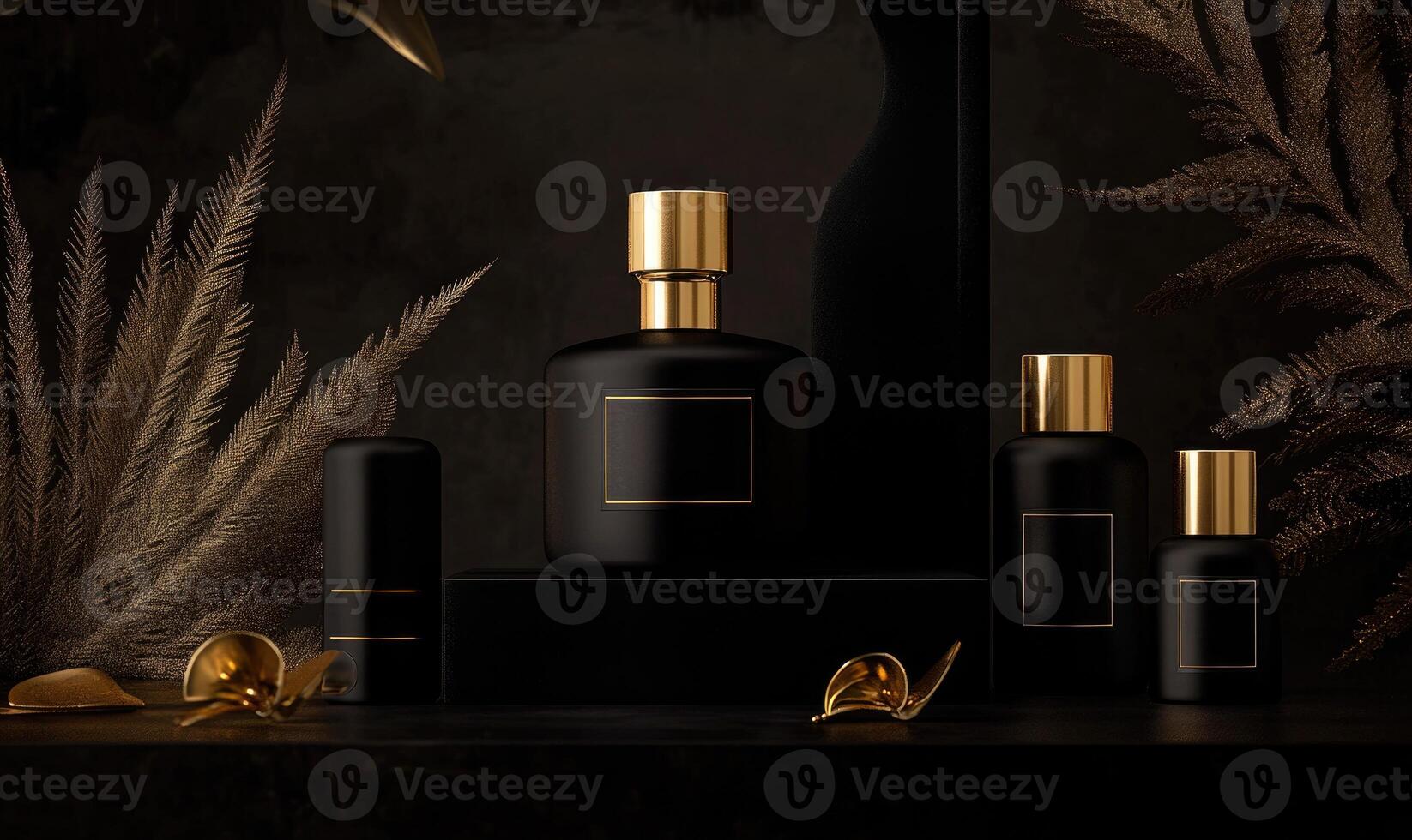A black bottle of perfume is on a table with other bottles photo