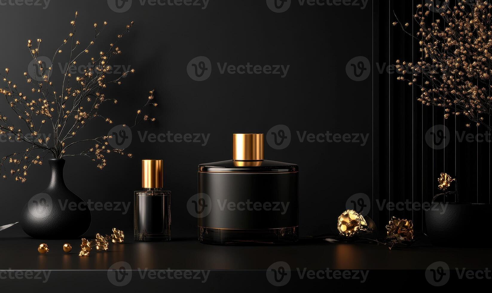A black bottle of perfume is on a table next to a vase photo