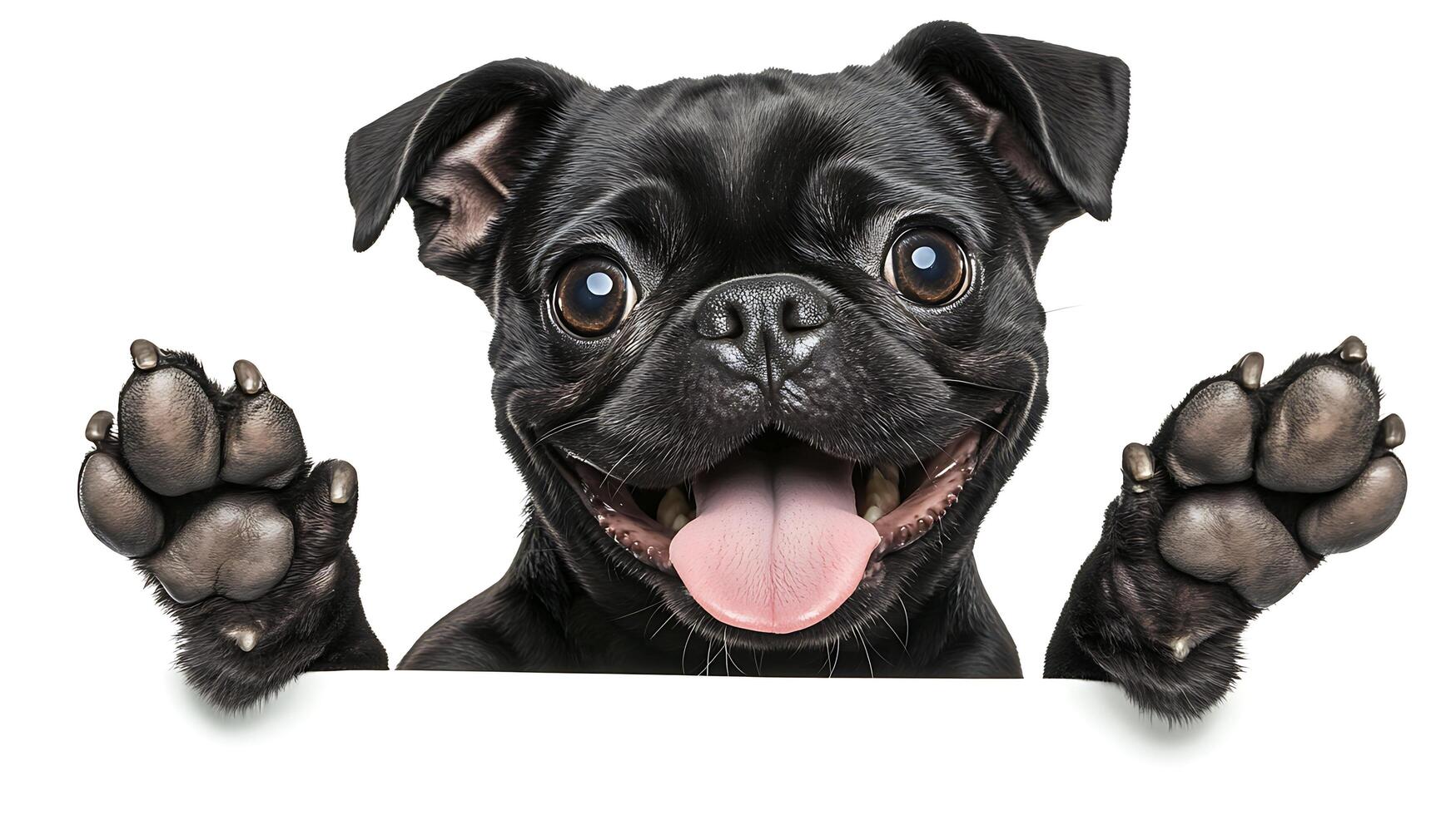A Smiling Black Pug Dog Is Holding Up Both Paws photo