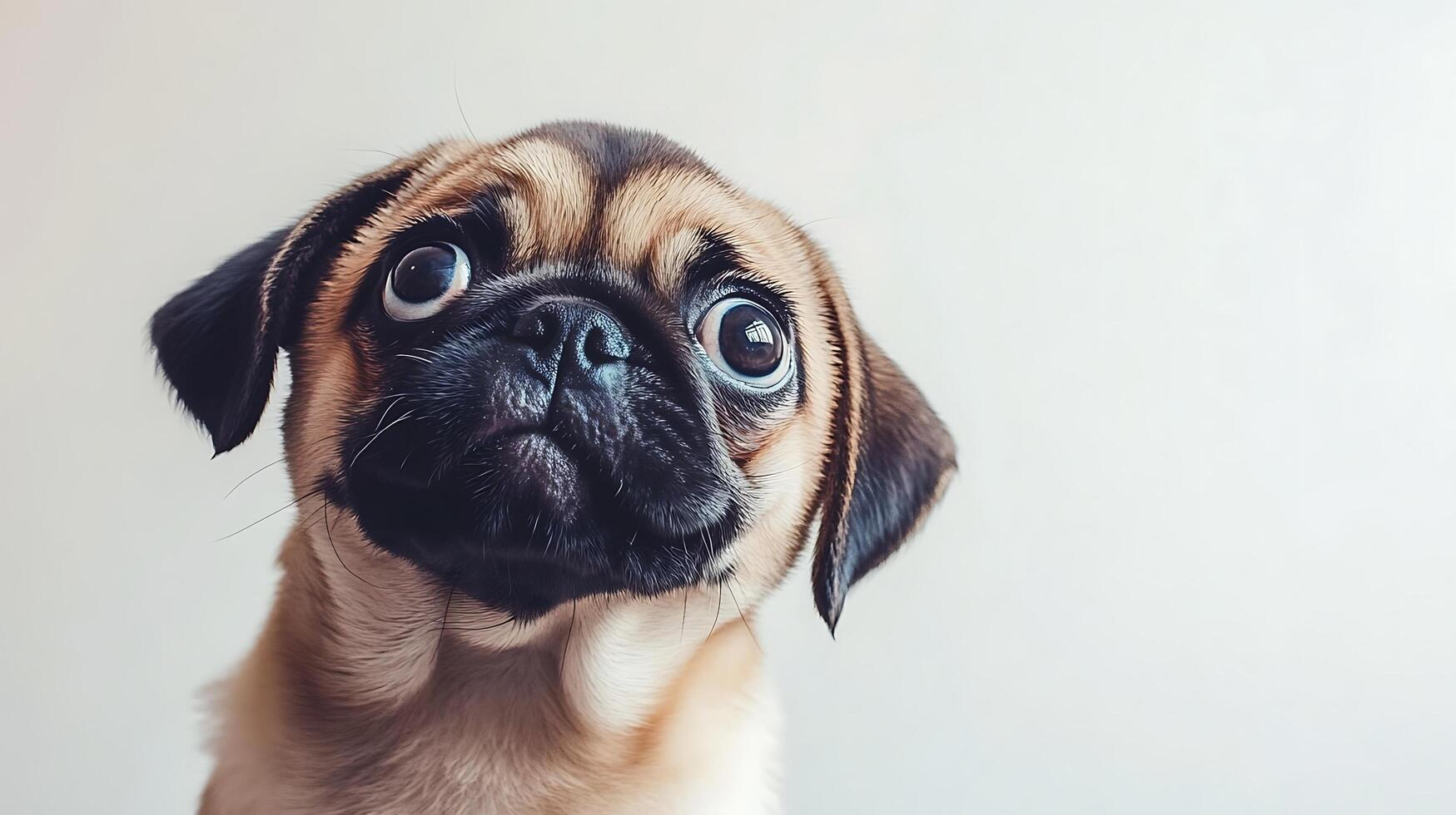A small dog with big round eyes looking upwards curiously photo