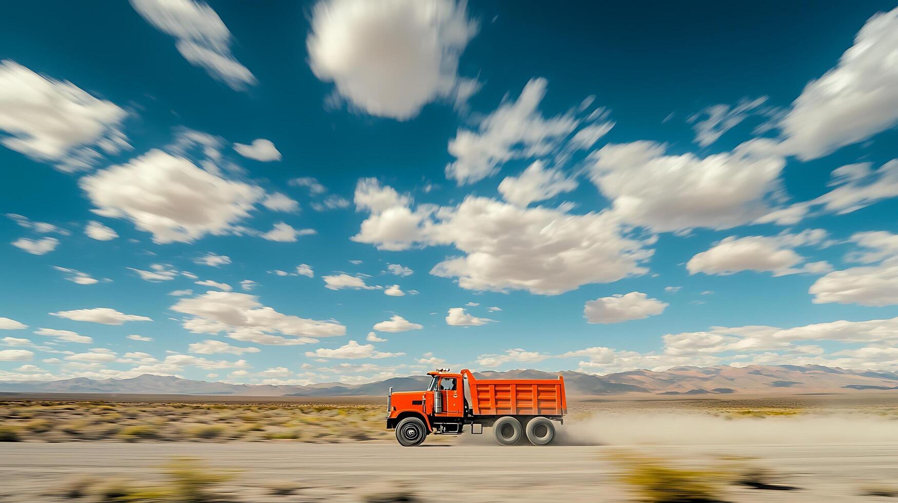 a red truck driving on a desert road photo