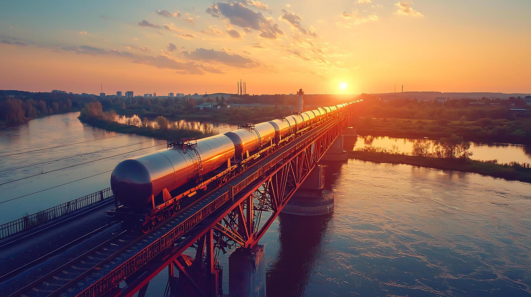 Tanker Train Crossing River Bridge at Sunset photo