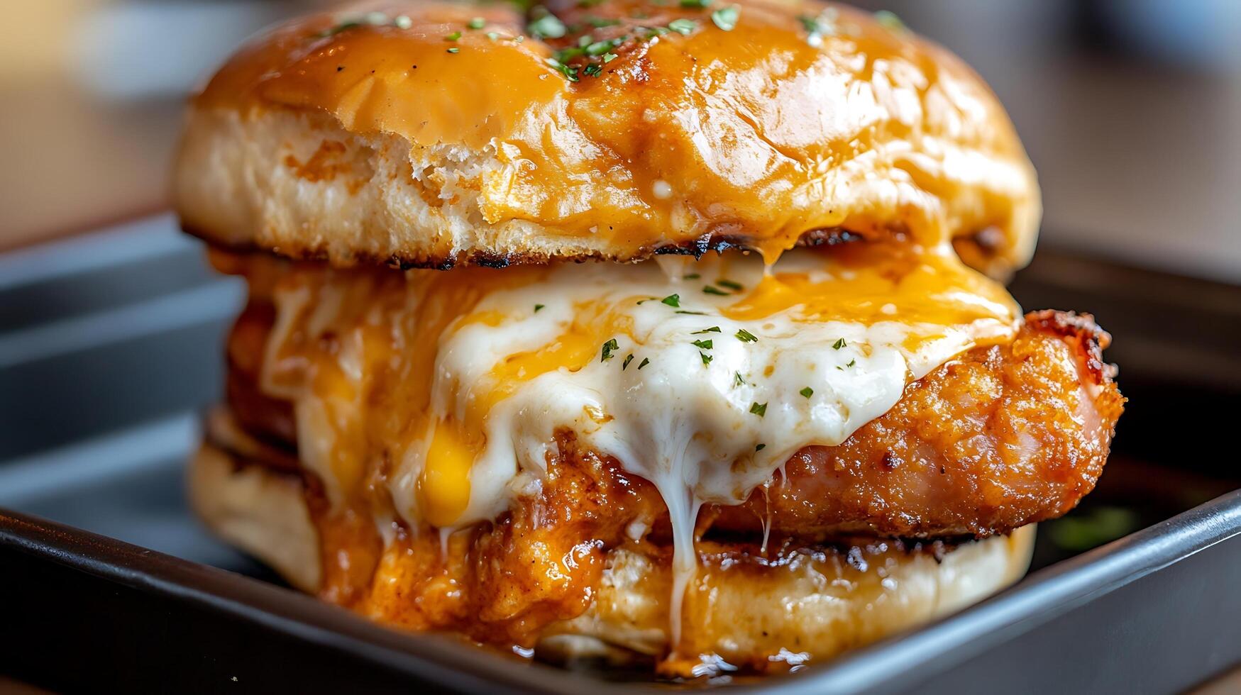 A delicious cheeseburger is seen close up and ready to eat photo