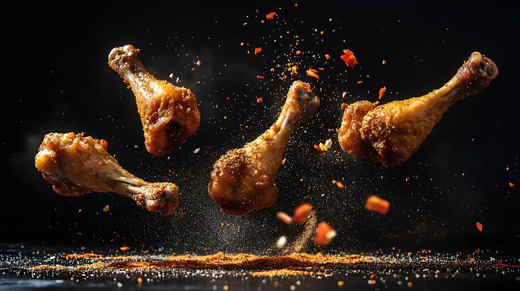 Four delicious fried chicken legs are suspended mid air with seasoning photo