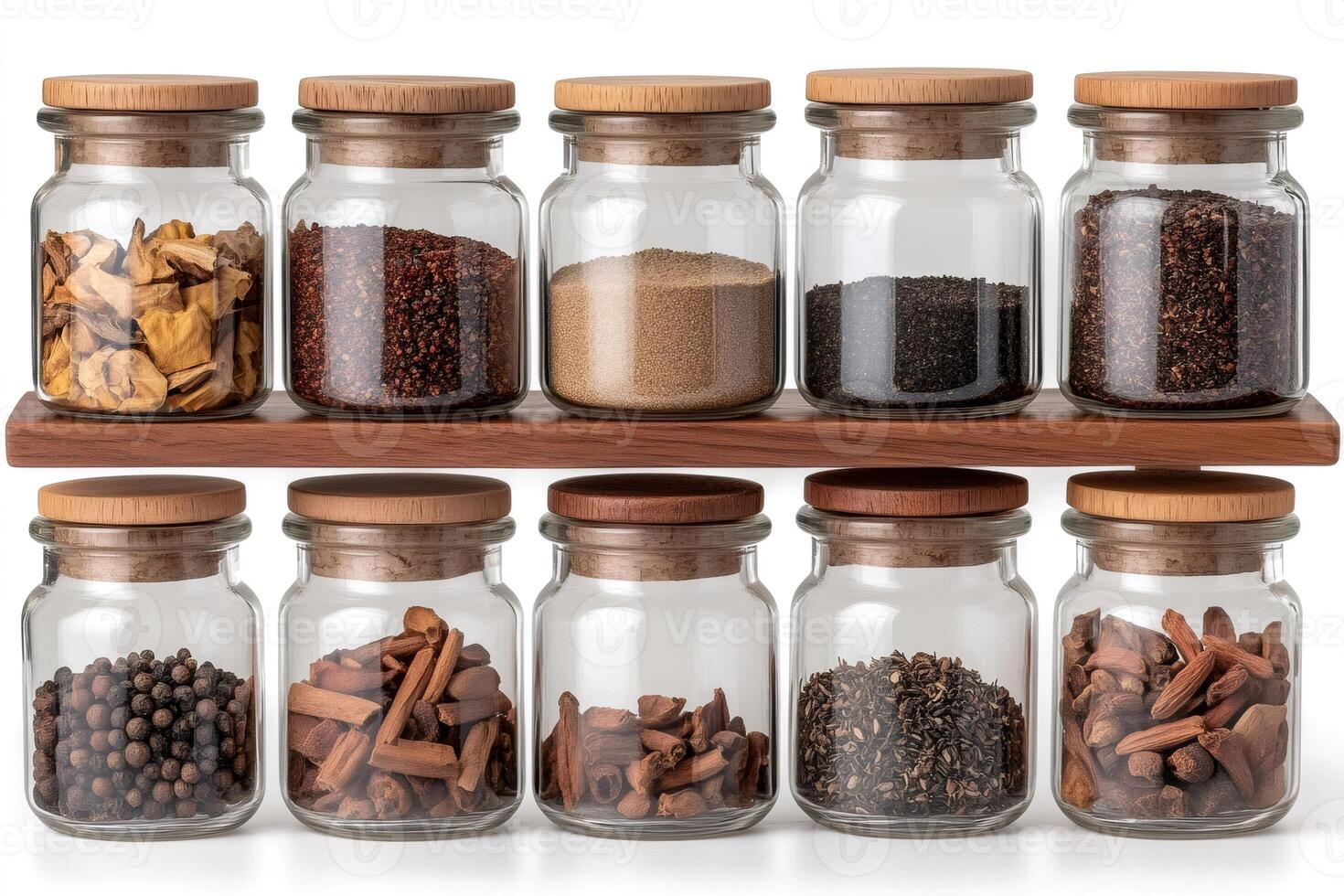Glass jars with wooden lids containing various spices resting on a wooden shelf photo