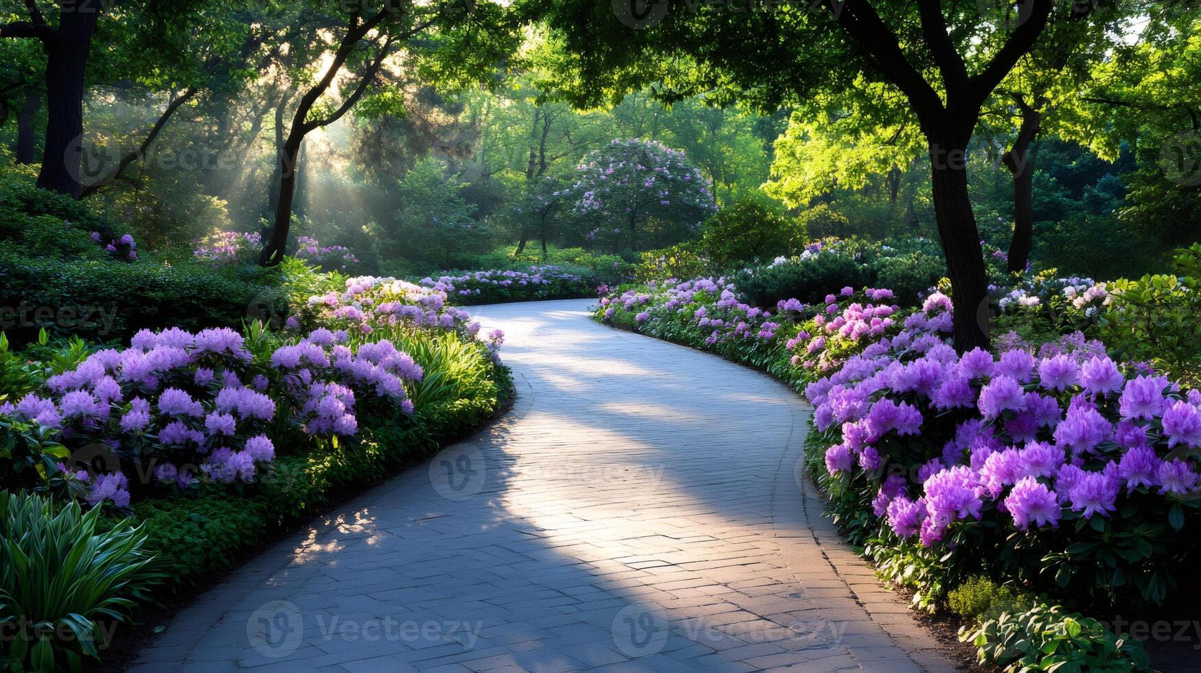 Sun shining through trees on path with rhododendrons in park photo