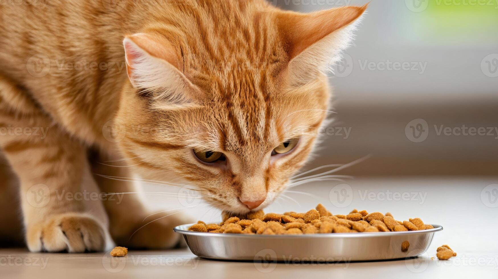 Ginger cat eating dry food from a metal bowl photo