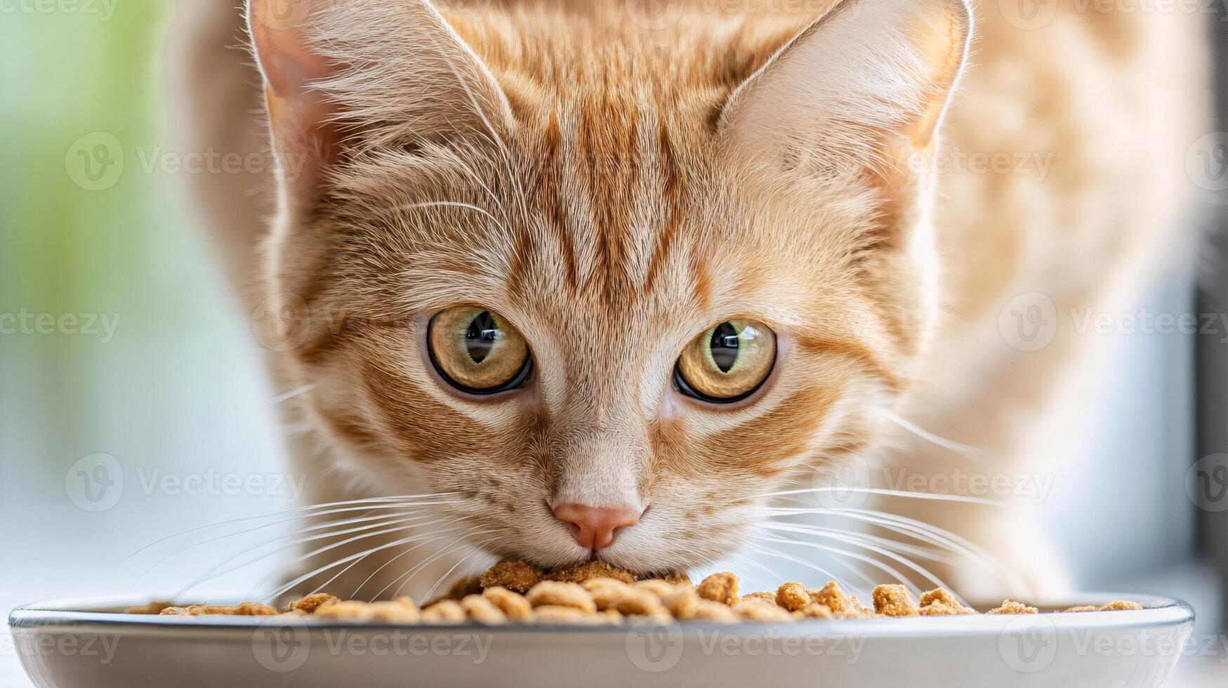 Ginger cat eating dry food from a bowl. photo