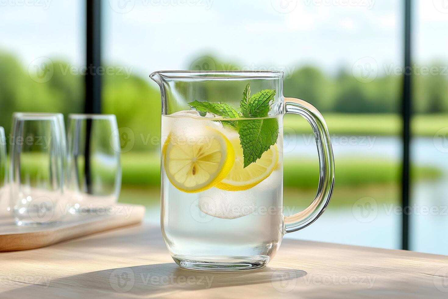Refreshing water with lemon and mint in a glass jug photo