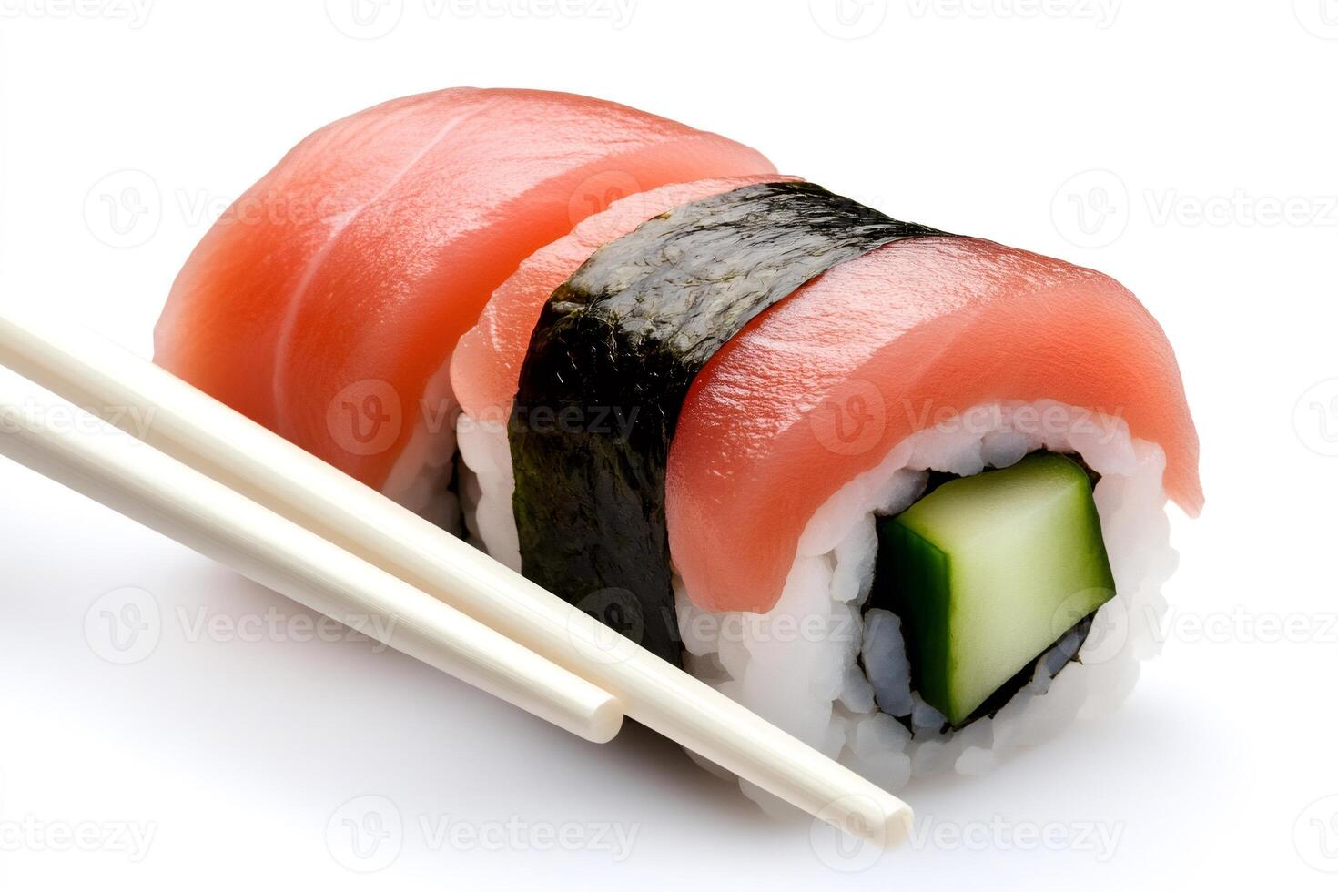 Chopsticks picking up delicious tuna and cucumber maki sushi roll photo