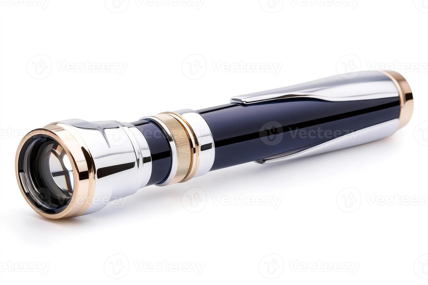 Elegant spy pen with magnifying glass lying on white background photo