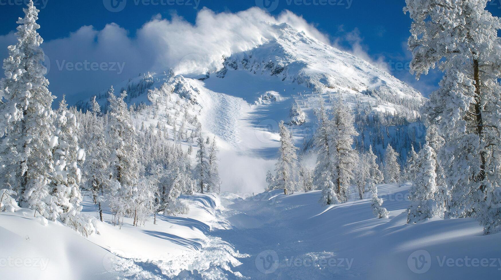 Avalanche flowing down a mountainside in a snowy forest photo