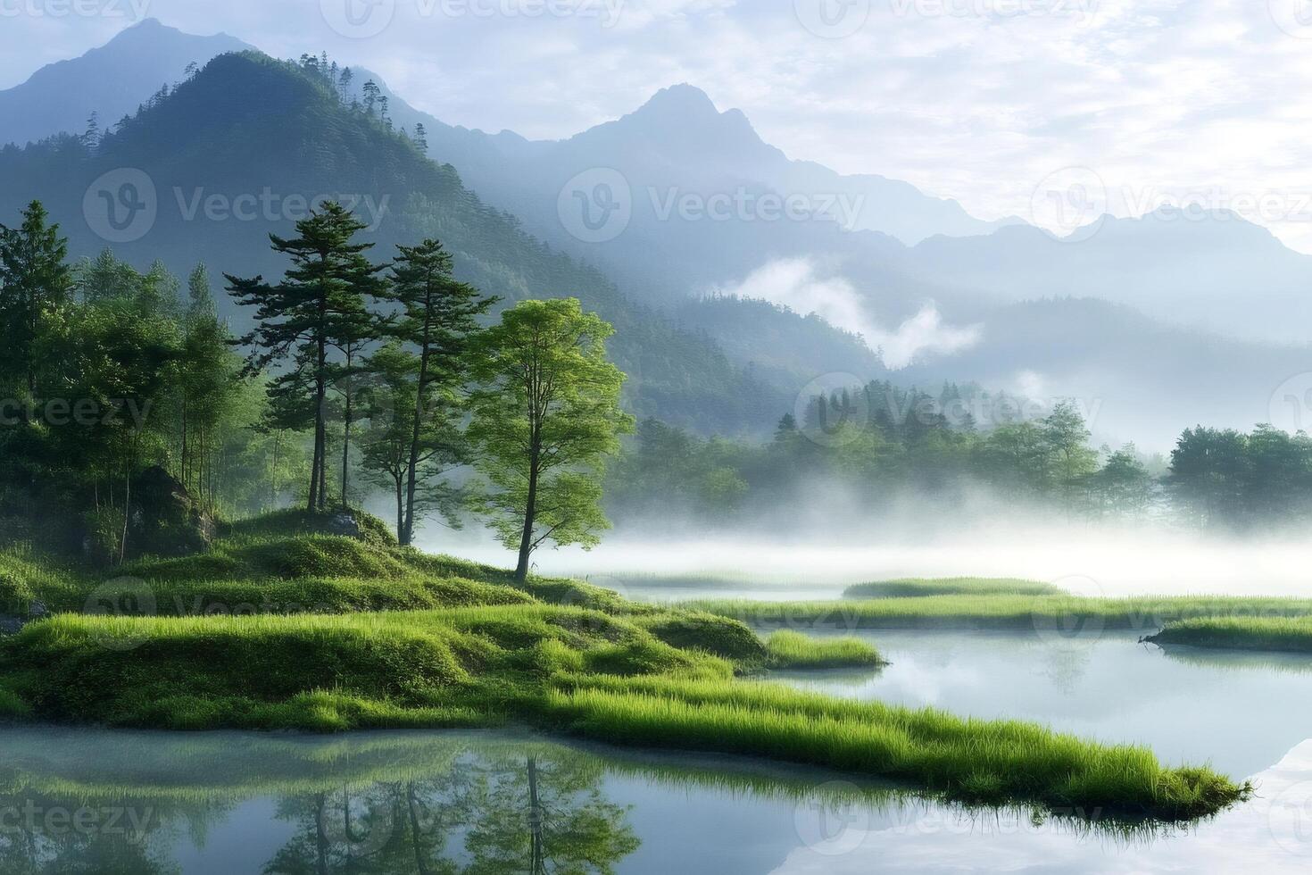 Fog covering a mountain lake with green grass and trees photo