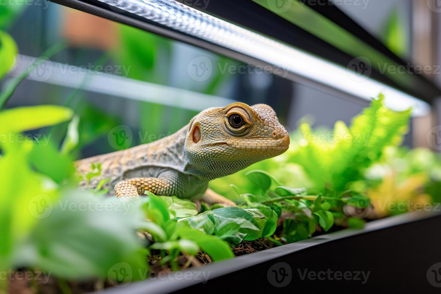 Lizard relaxing in a terrarium under a uv lamp photo