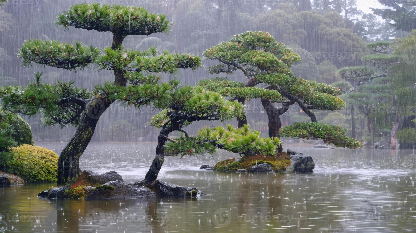 Heavy rain falling on bonsai trees in a japanese garden pond photo