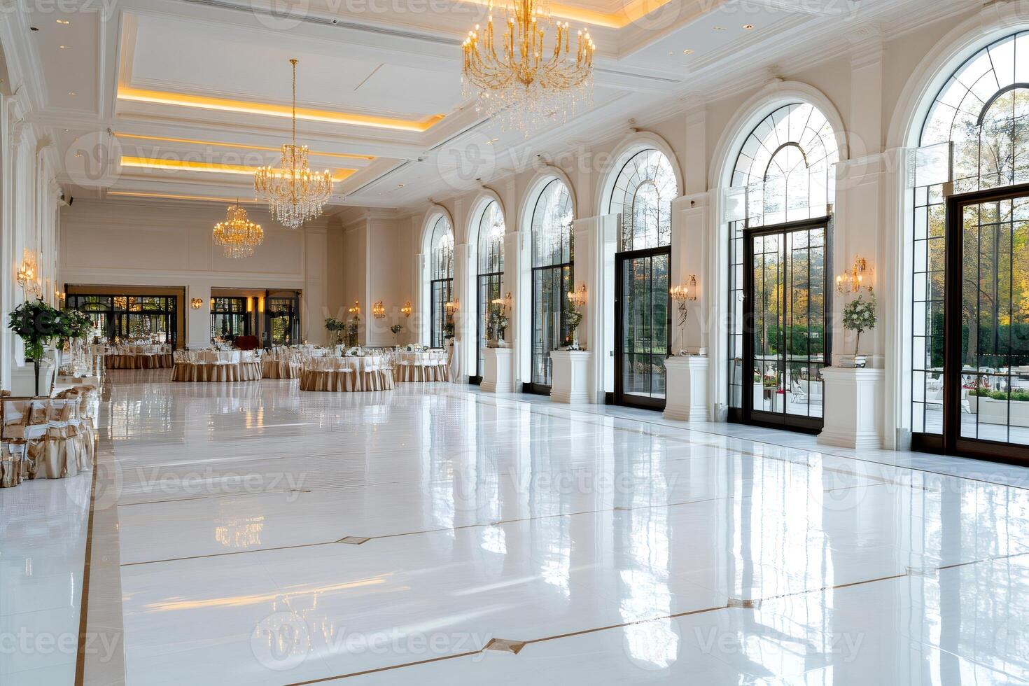 Elegant ballroom with round tables and crystal chandeliers is awaiting guests photo