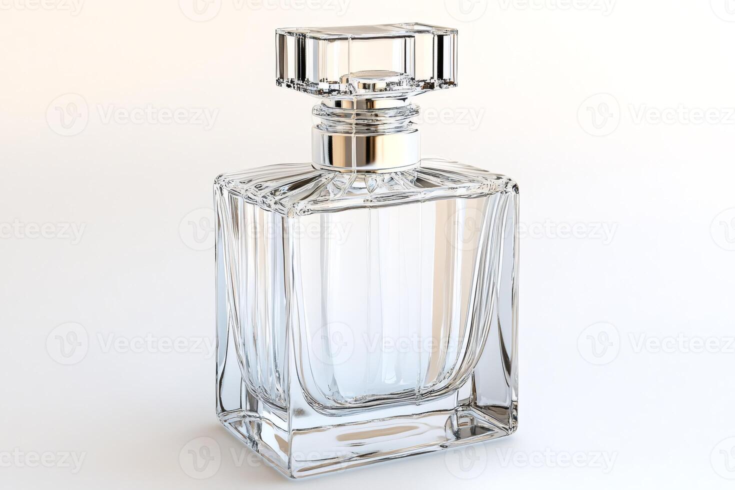 Elegant crystal perfume bottle standing on white background. photo