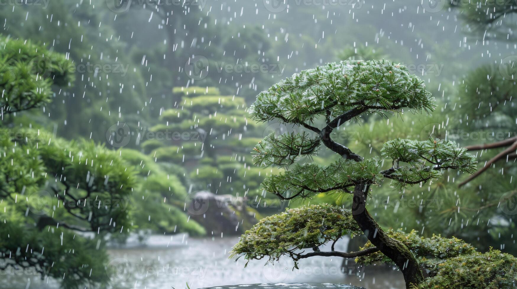 Bonsai tree getting wet in the rain in a japanese garden photo