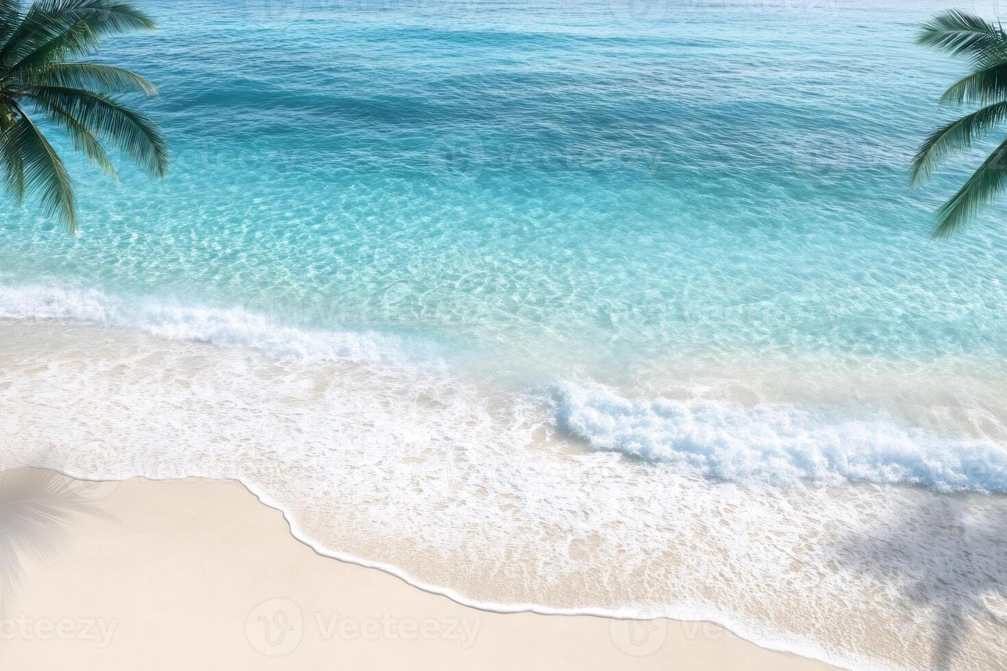 Tropical beach with palm trees, white sand and turquoise water gently lapping the shore photo
