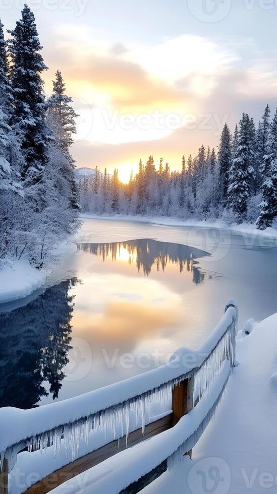 Snow covered wooden fence reflecting in a frozen lake at sunset during winter photo