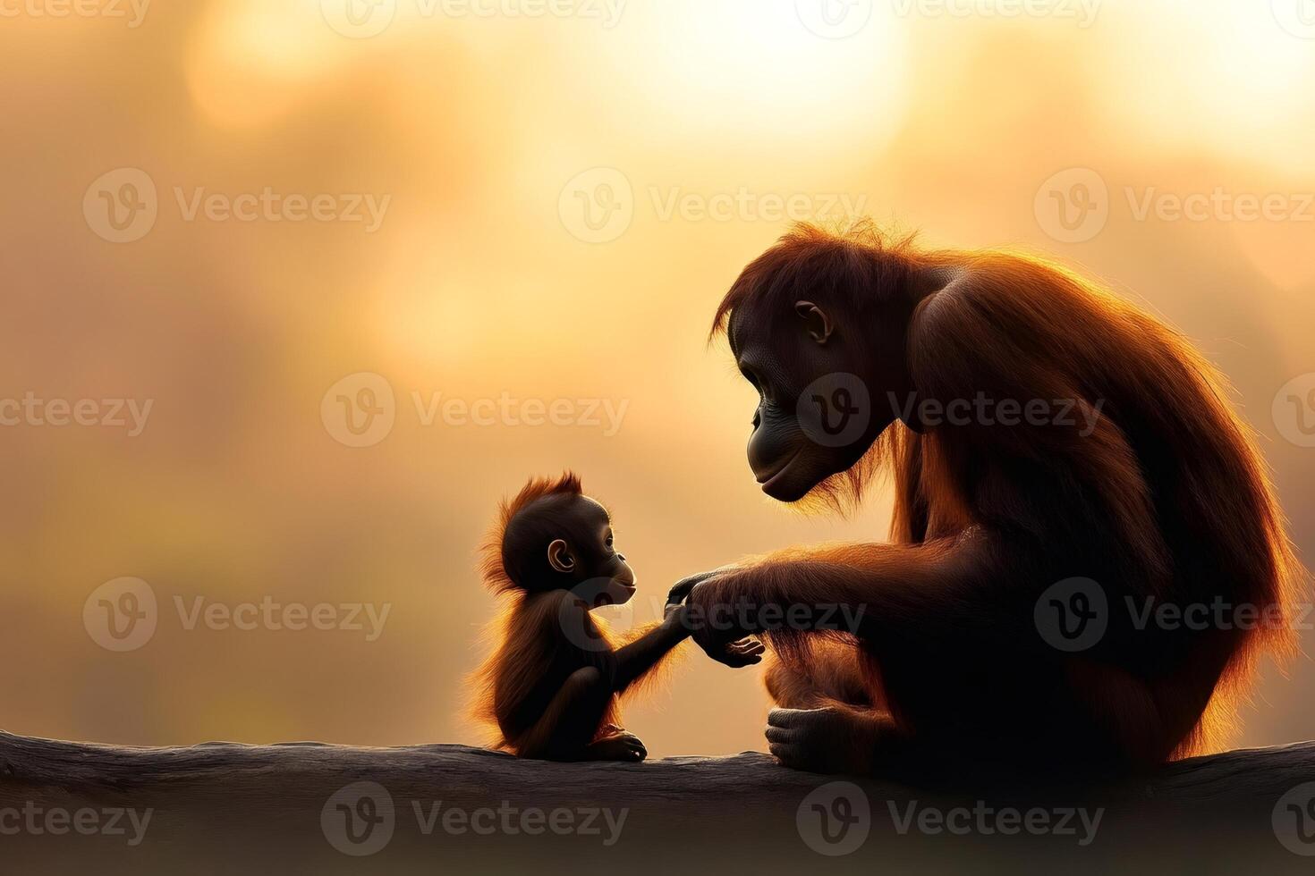 Orangutan mother holding hand with her baby at sunset photo