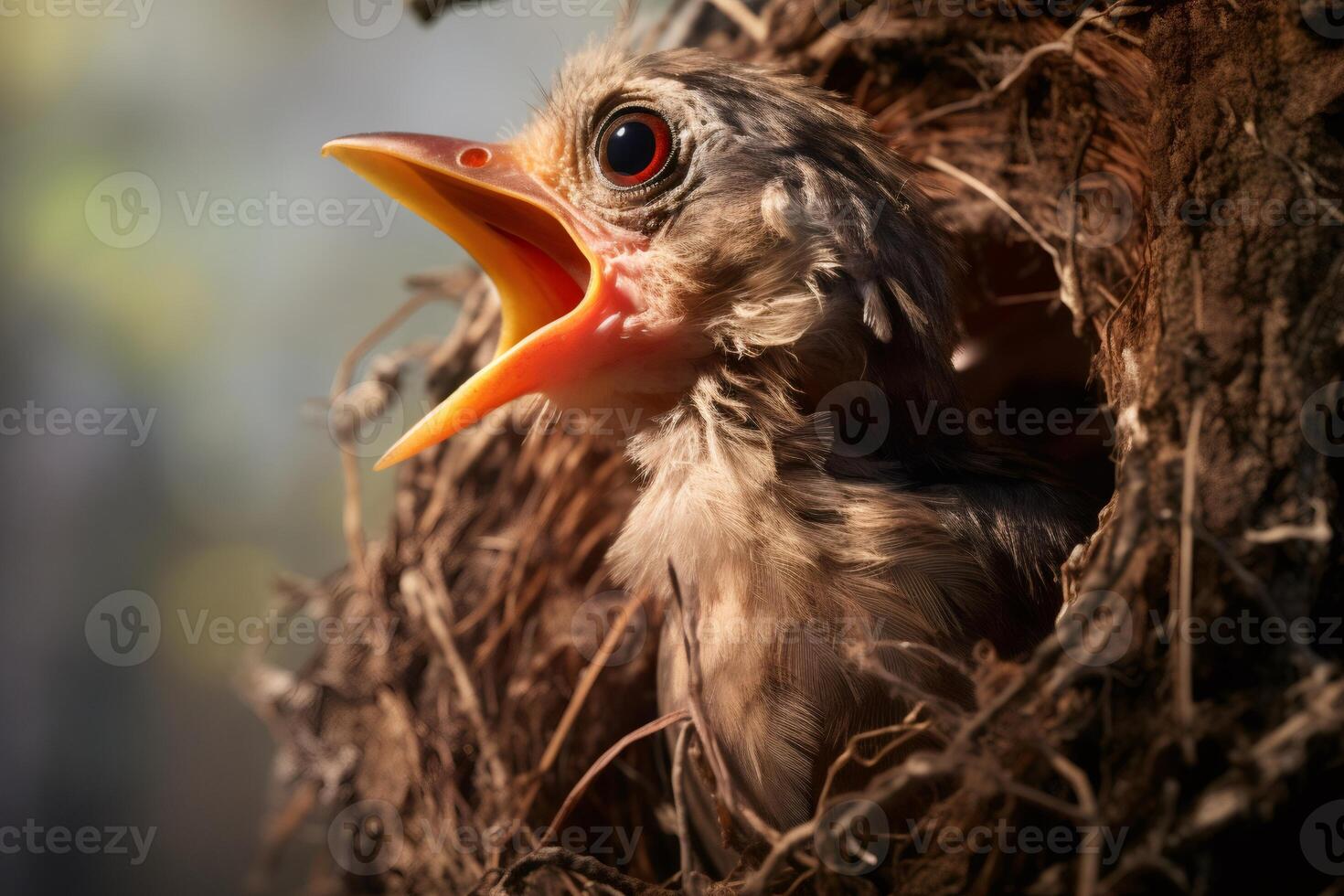 Baby bird chirping in nest waiting for food. photo
