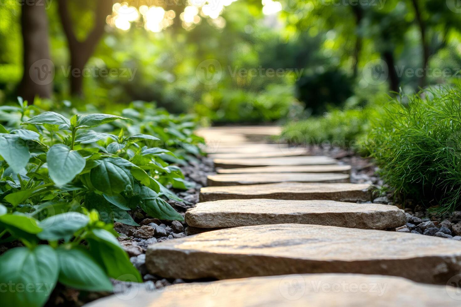 Stone path winding through a peaceful garden at sunset photo