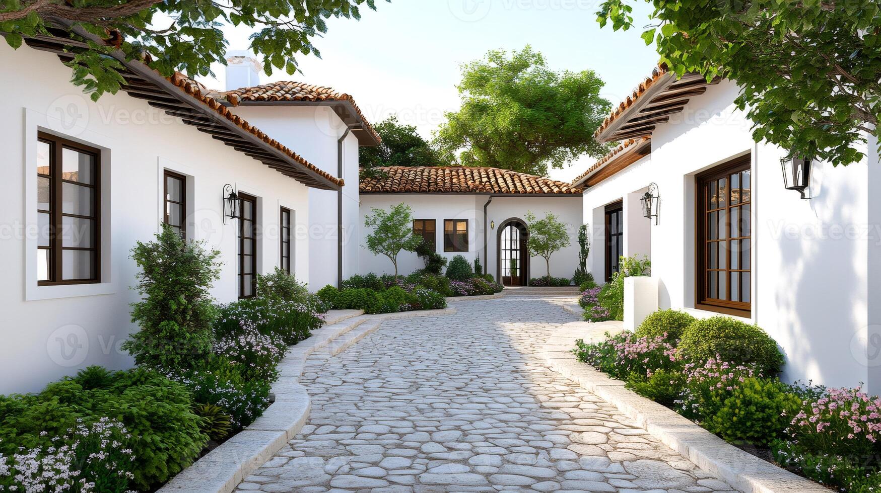 Mediterranean style house with cobblestone driveway and beautiful garden photo