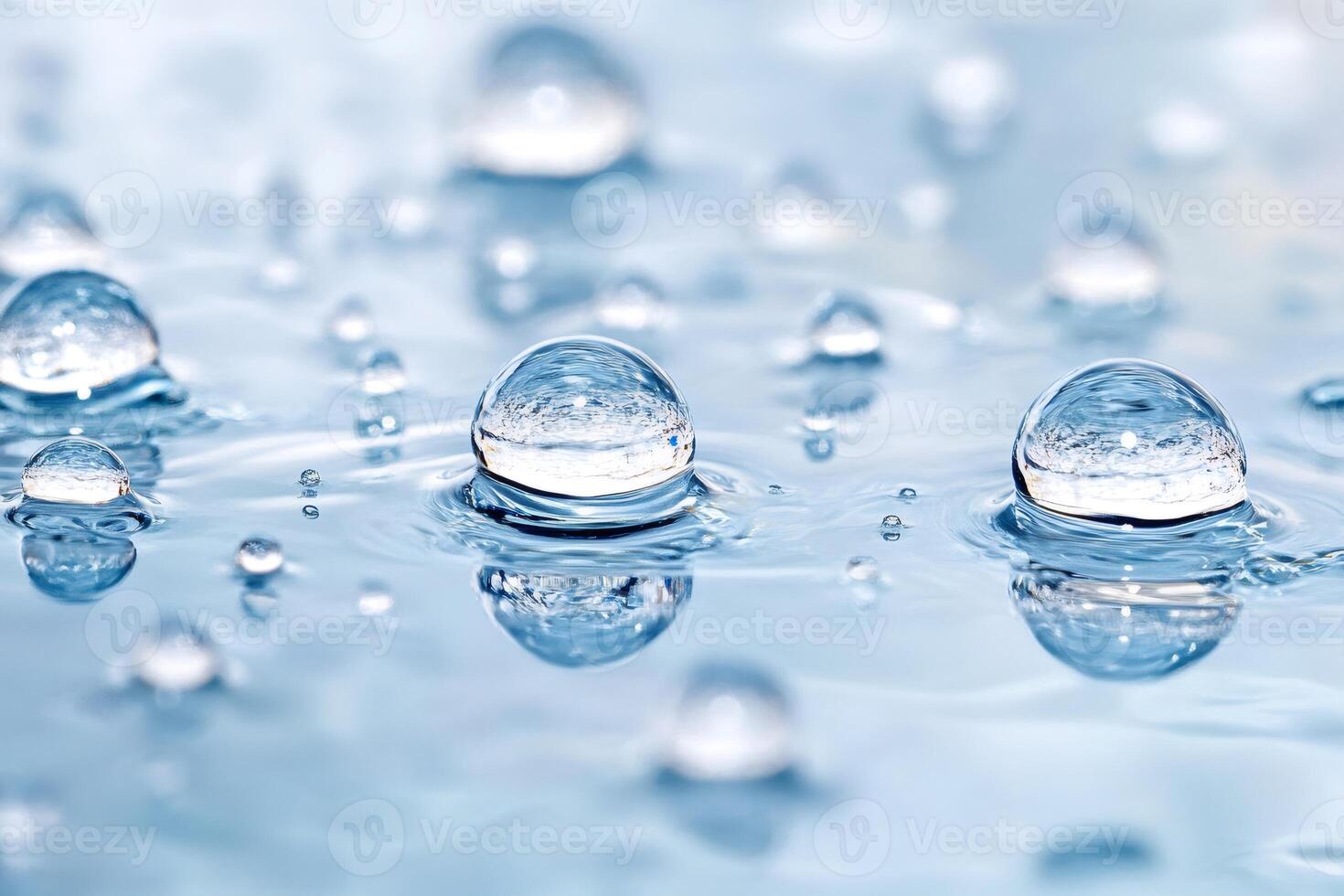 Crystal clear water drops creating ripples on a light blue background photo