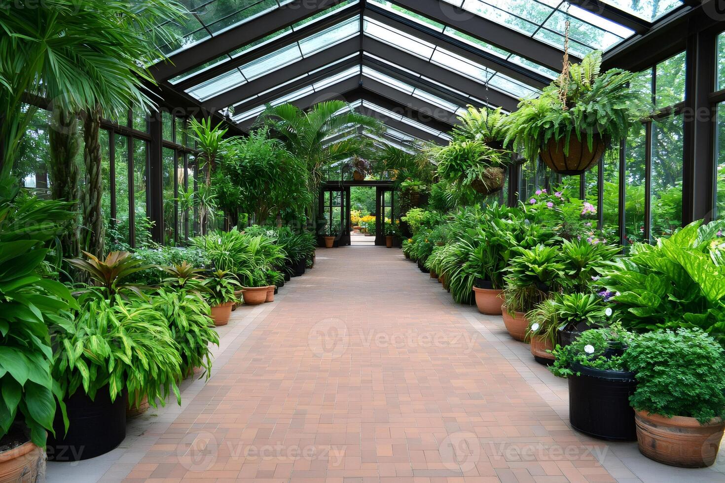 Lush greenery thriving in a peaceful orangery walkway photo