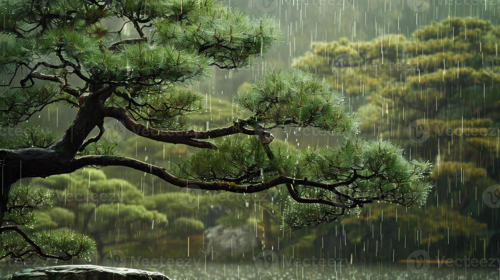 Japanese garden with pine tree during heavy rain in summer photo