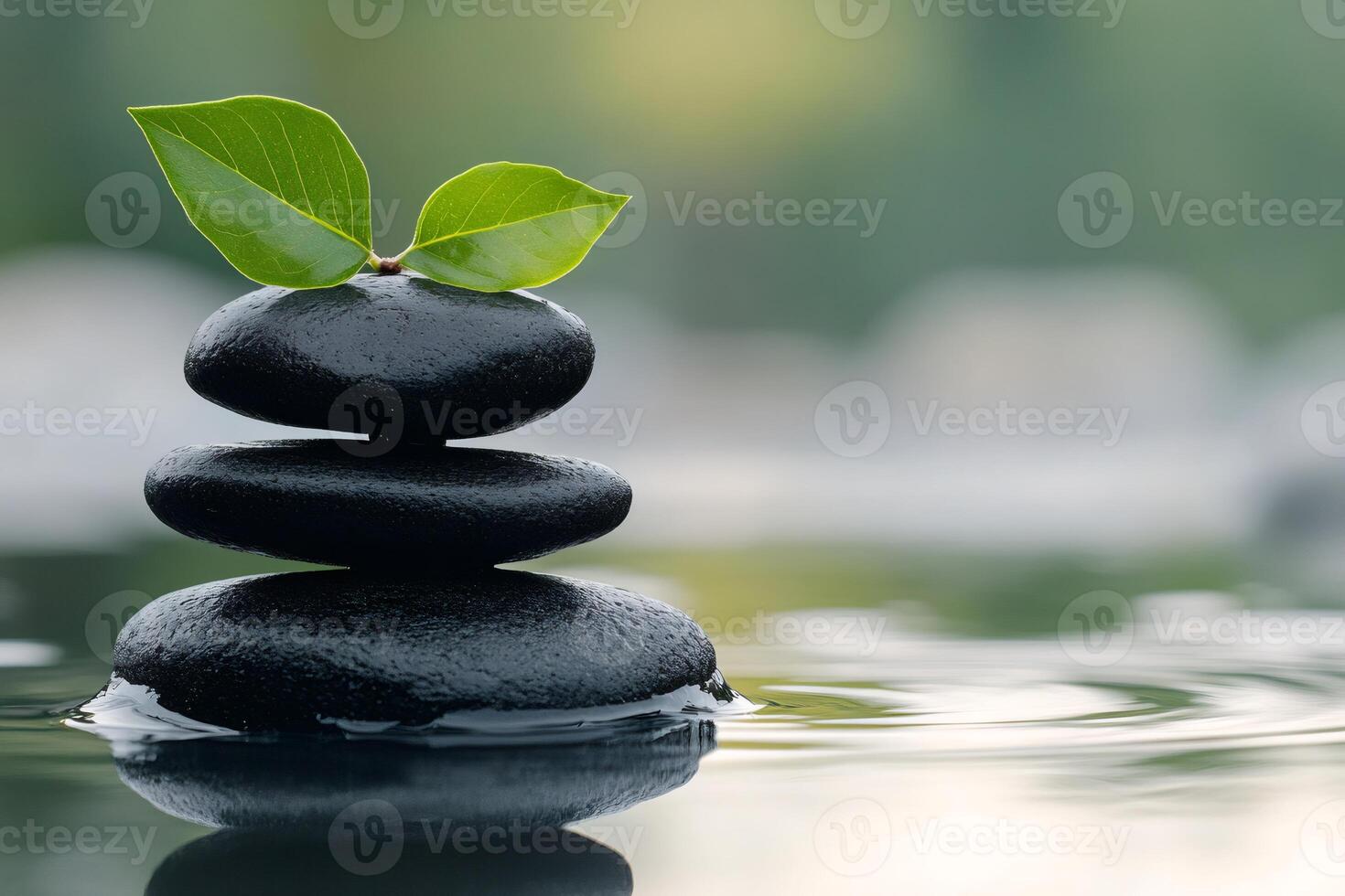 Zen stones balancing on water with green leaves growing on top photo