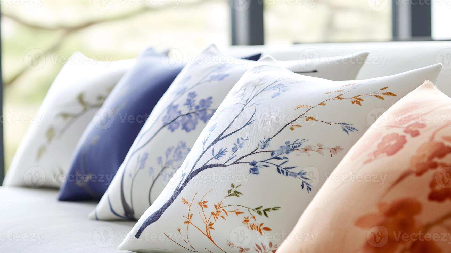 Decorative pillows with floral and tree branch prints resting on a modern sofa photo
