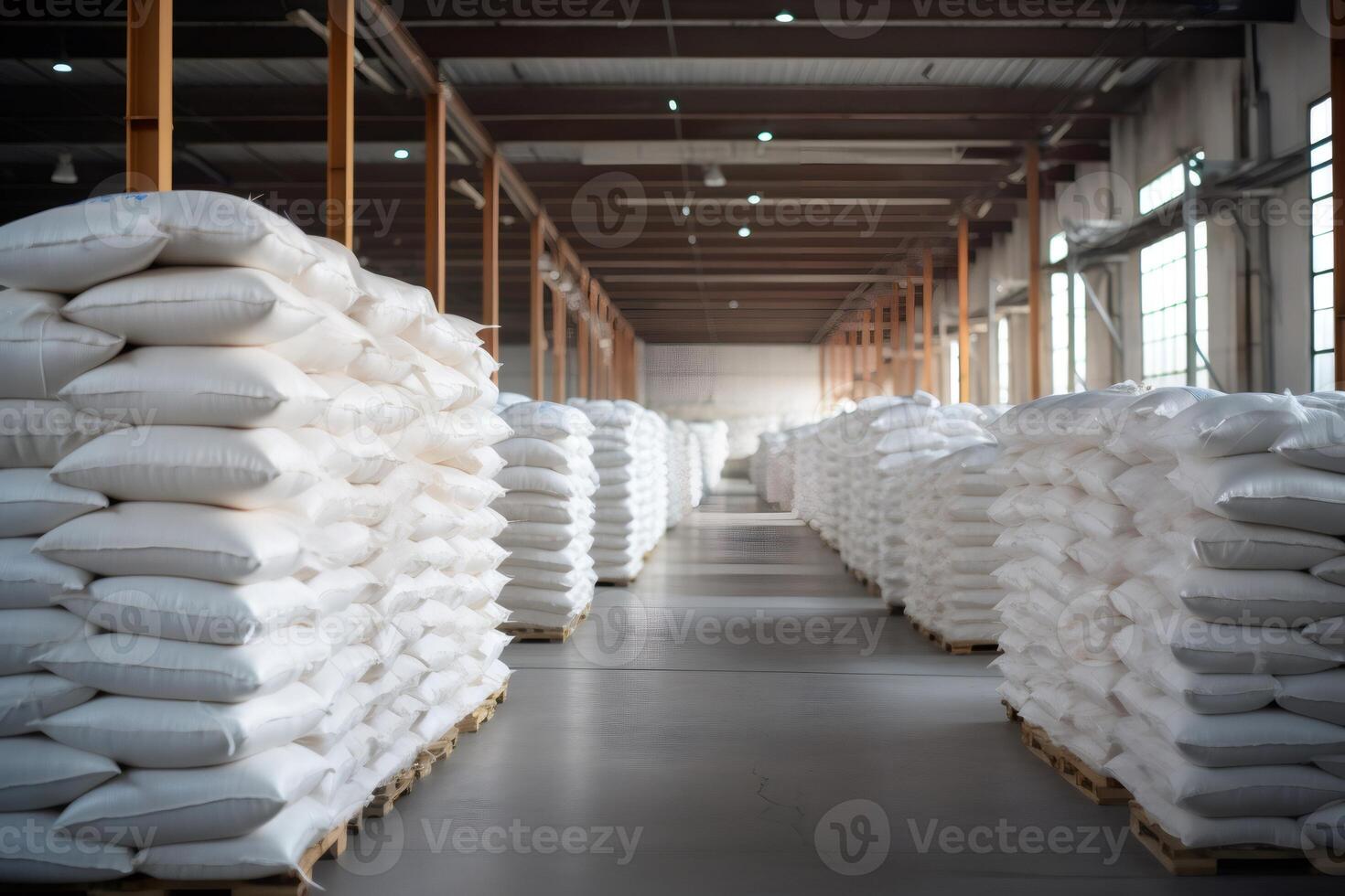 White sacks neatly stacked on pallets filling warehouse storage space. photo