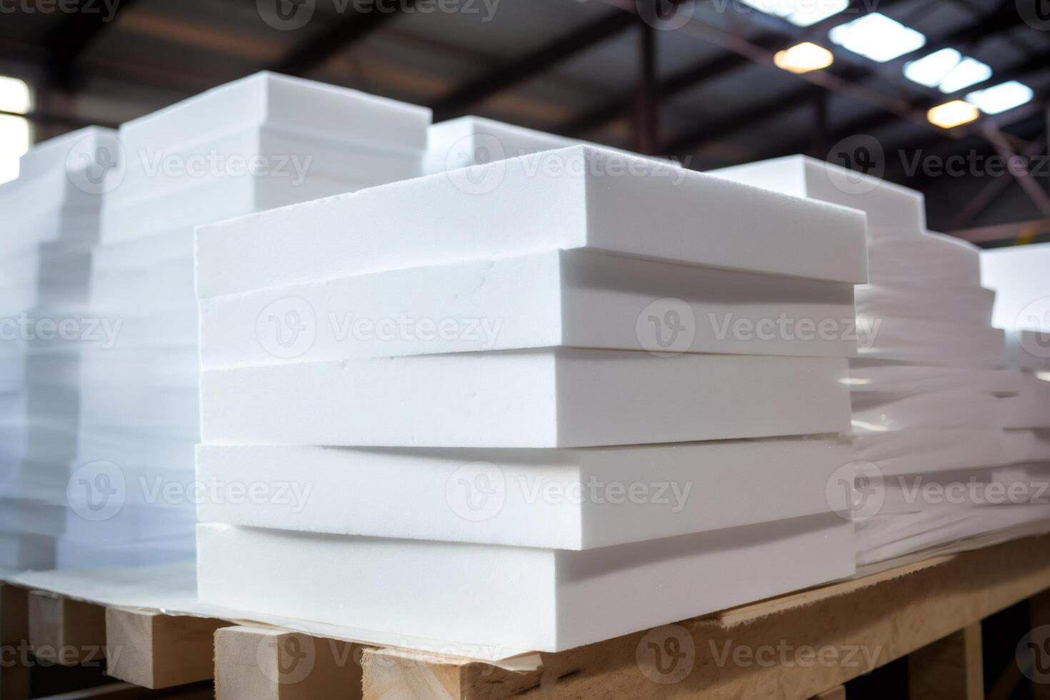 Stacks of polystyrene sheets lying on wooden pallets in factory warehouse photo