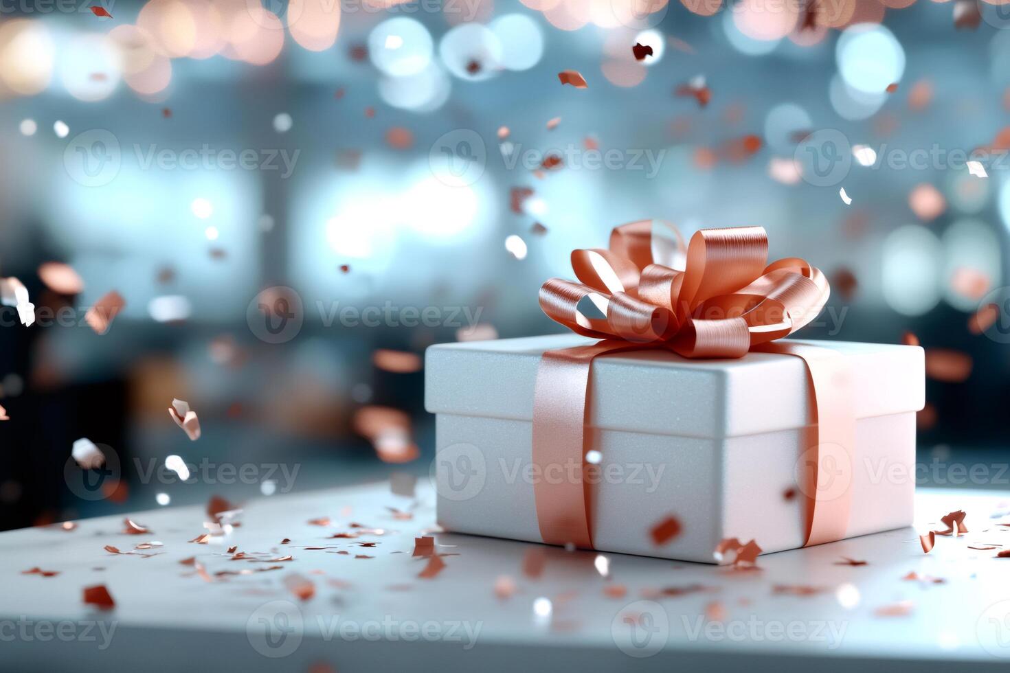 White gift box with an orange bow is waiting on a table while confetti is falling photo