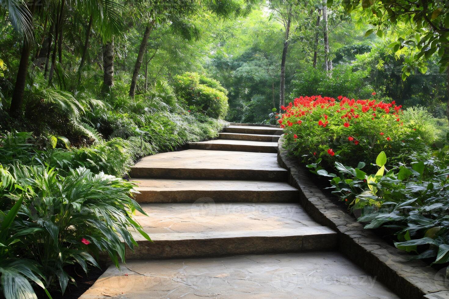 Stone paved pathway winding through lush green garden photo