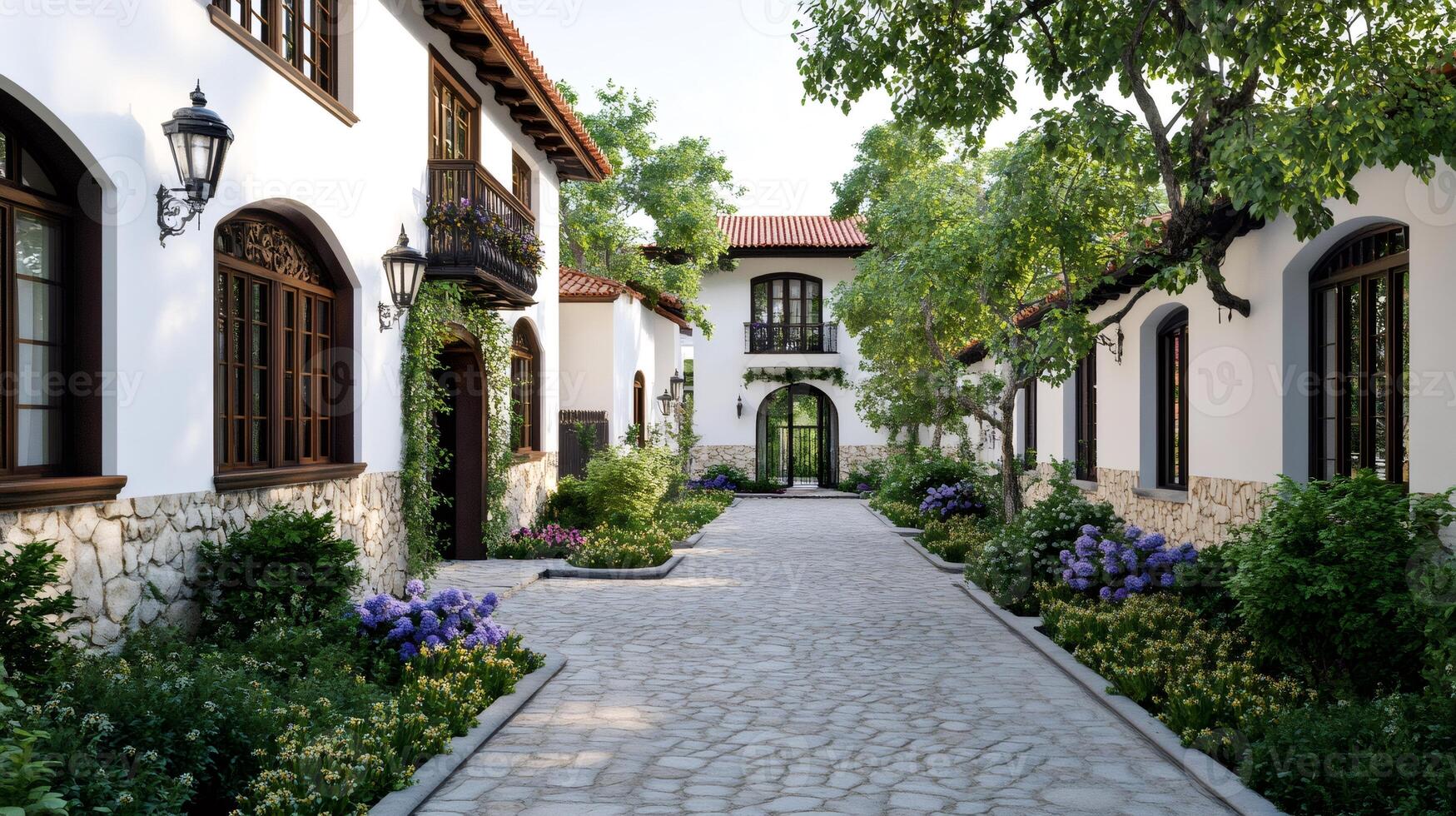 Elegant paved driveway leading to beautiful white mediterranean houses photo