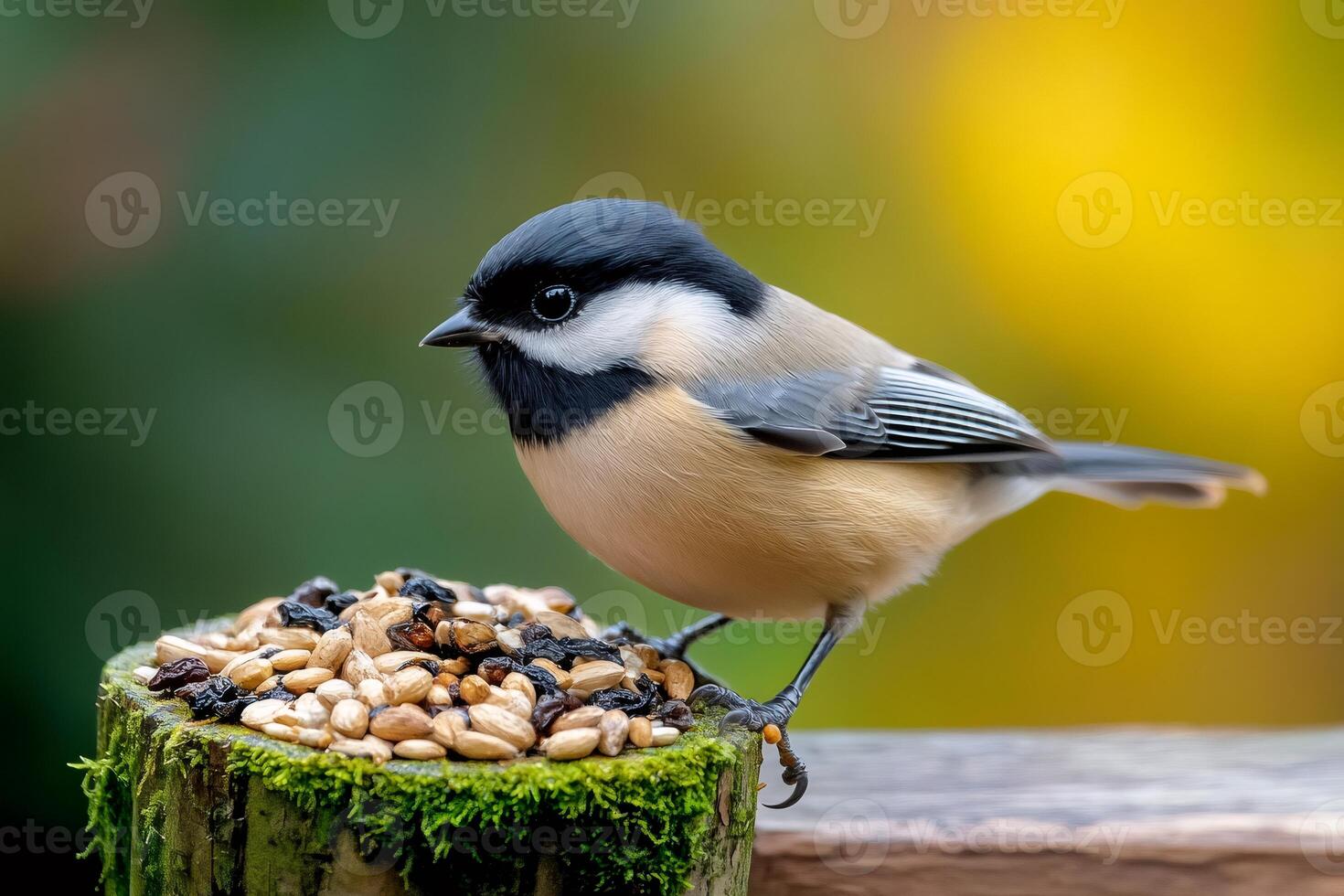 Black-capped chickadee perching on mossy wooden post enjoying birdseed photo