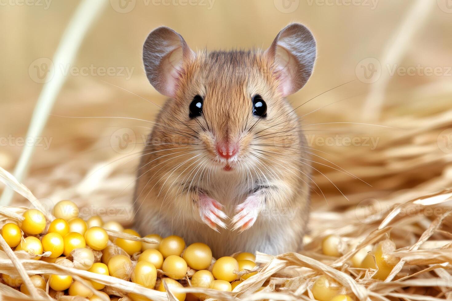 Cute mouse holding paws up while sitting on straw and soybeans photo