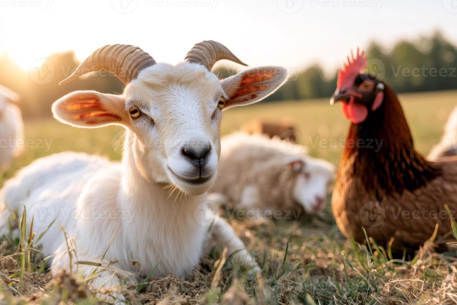 Young goat resting in the grass with sheep and hen during sunset photo