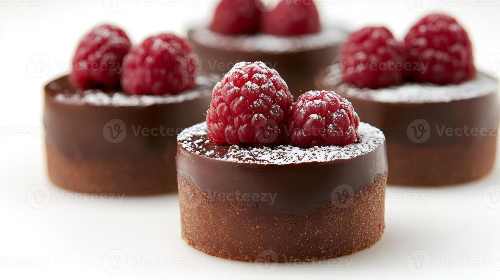Delicious mini chocolate cakes with fresh raspberries and powdered sugar photo