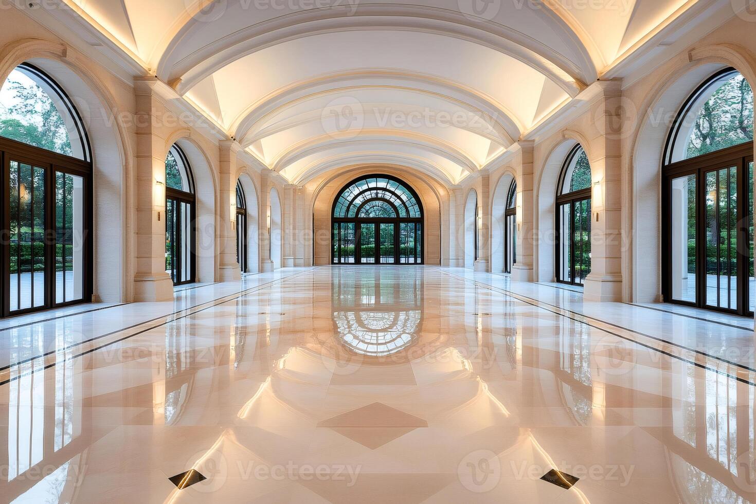 Luxurious empty hallway with marble floor reflecting warm lights photo