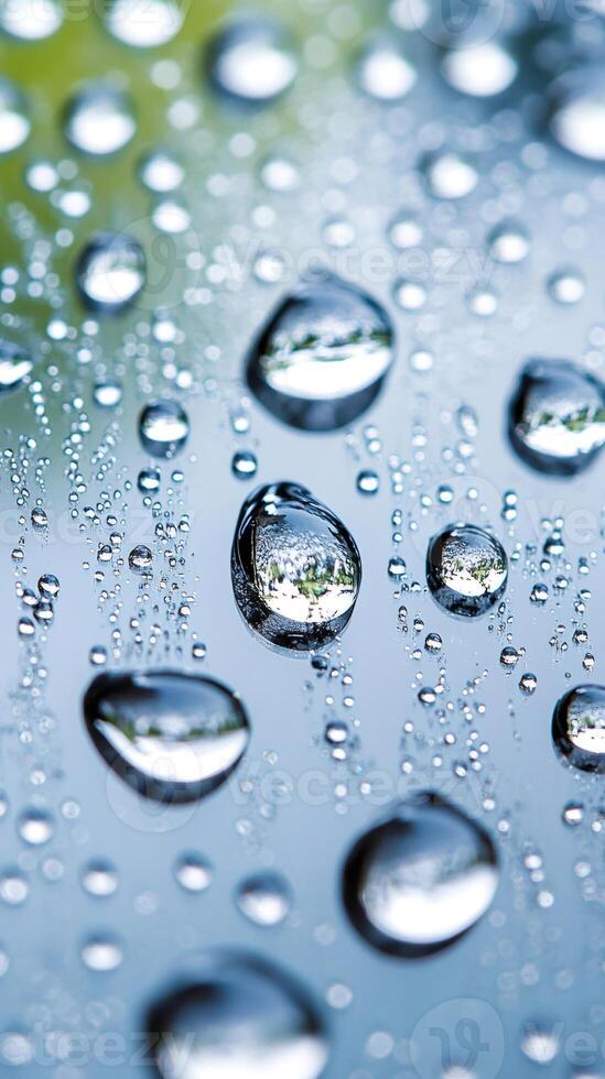 Water drops reflecting green trees on a blue metallic surface photo