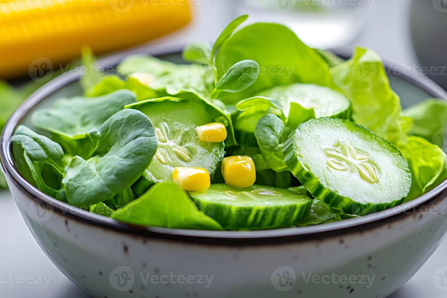 Fresh green salad with cucumber, corn and lamb's lettuce in a bowl photo