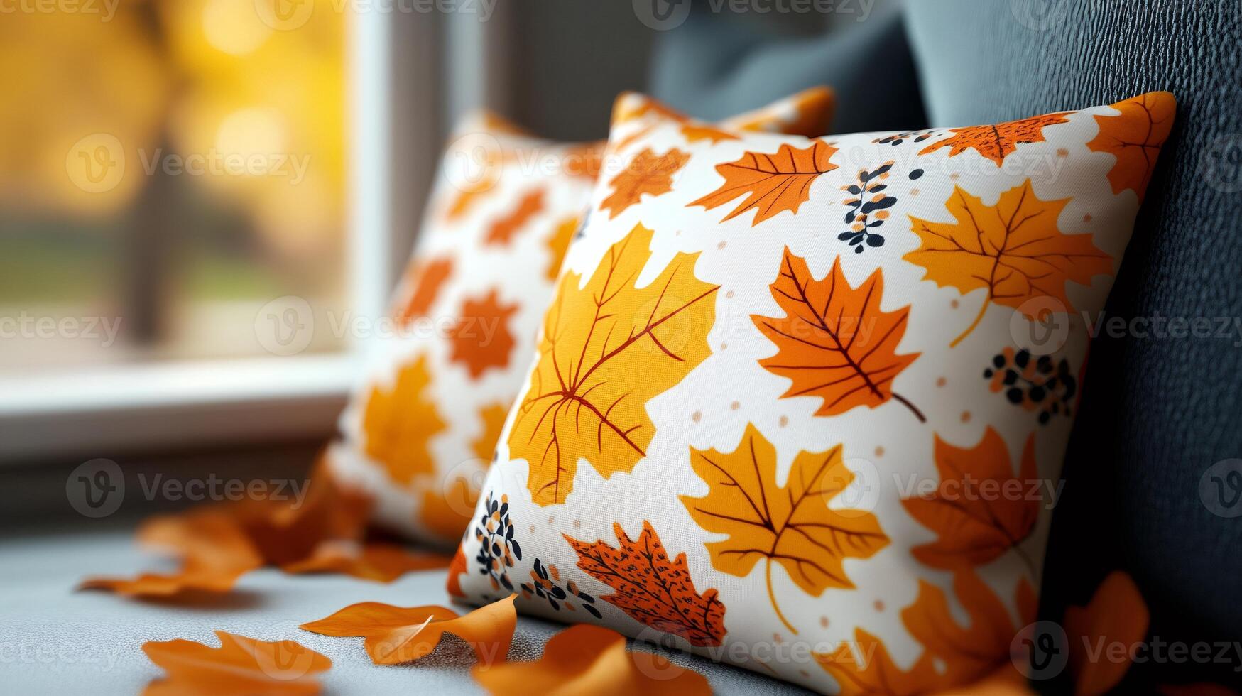 Decorative pillows with autumn leaves pattern lying on sofa near window photo