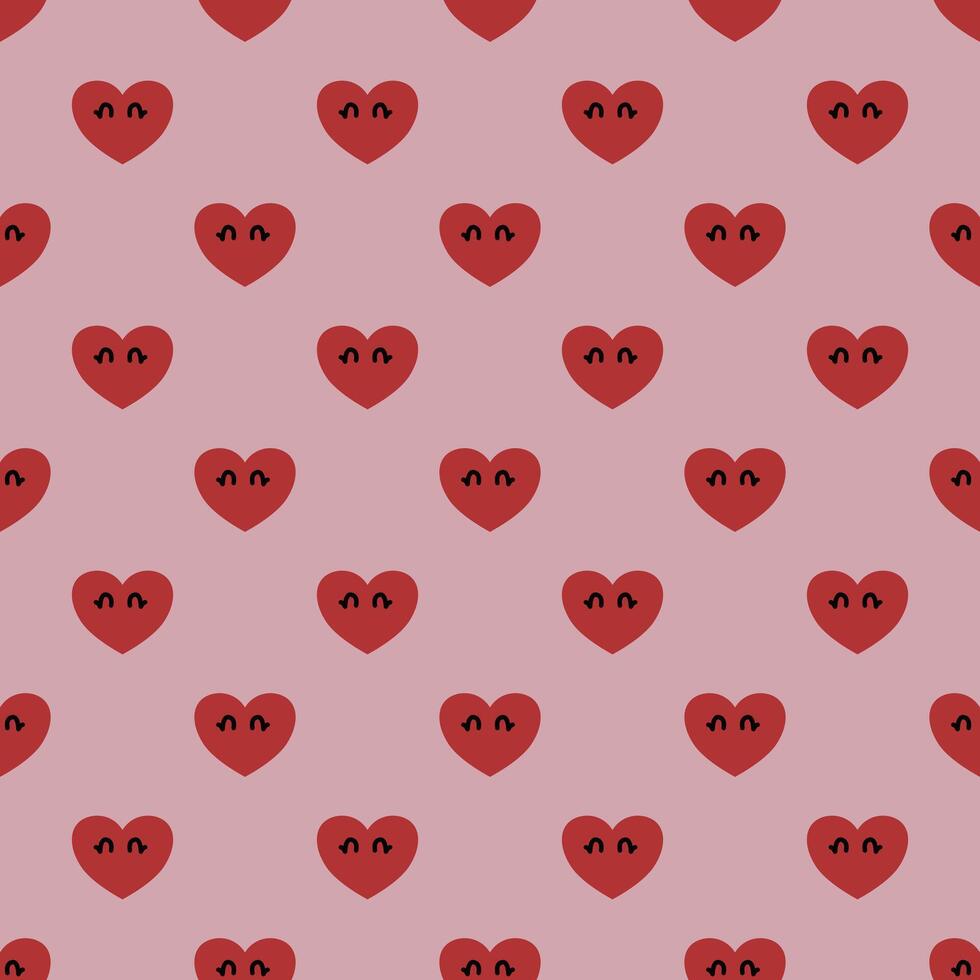 Red hearts with small faces arranged in a repeating pattern on a light pink background. The hearts have small black eyes, making them look cute and simple. vector
