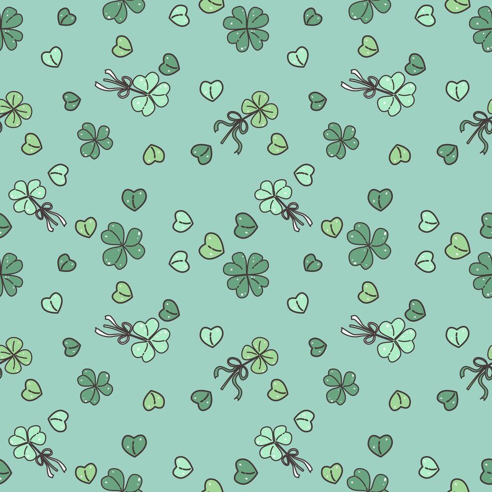 Seamless pattern with a light green background. Features a four-leaf clover and small heart shapes. vector